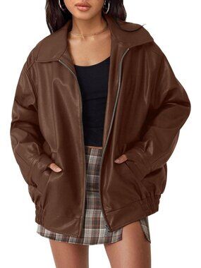 Women's Caramel Oversized Faux Leather Jacket Fall and Winter Biker Moto Coat
